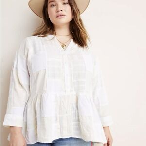 Anthropologie Maeve Zoe Patchwork Blouse Button Down Cream White Peasant Boho LG